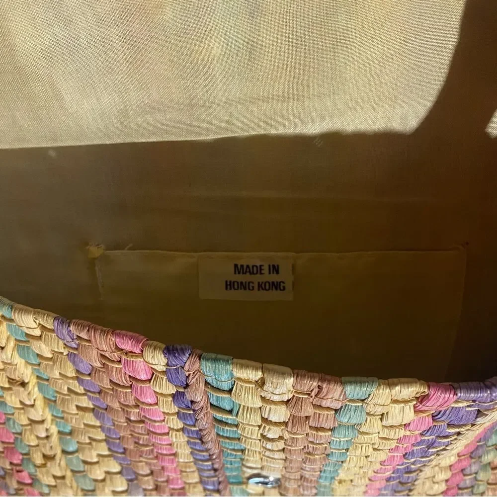 Vintage Straw Chic Flap Beach Boho Summer Multi-Color Striped Clutch Hand Bag